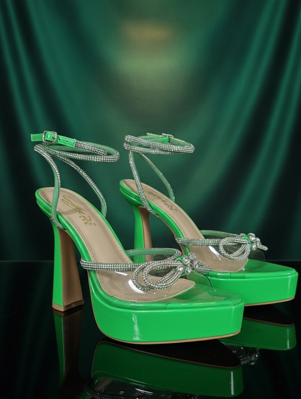 'Shauna' Women’s Green Platform Stiletto Sandals with Crystal Straps